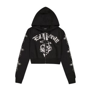 Crosses Zip Front Rhinestone Hoodie
