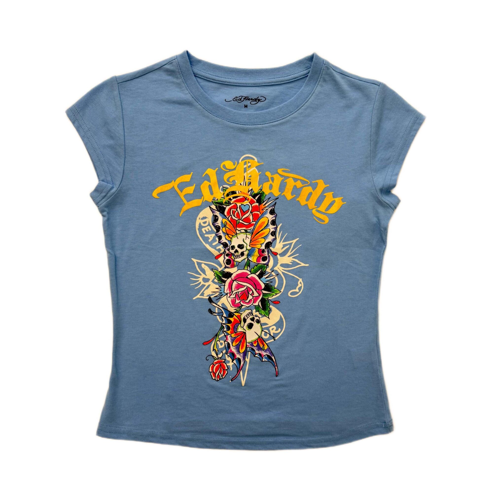 FLOWER SKULLS CAP SLEEVE FITTED TEE