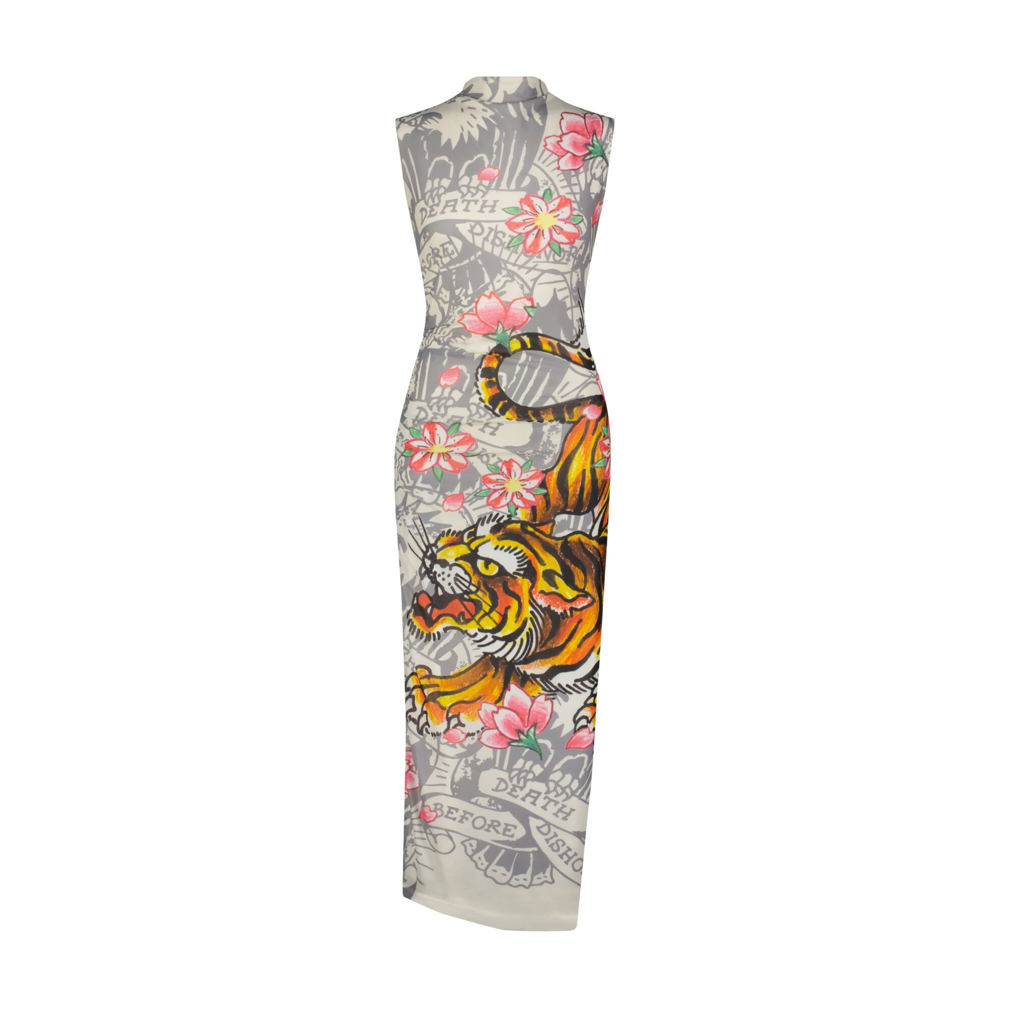 CRAWLING TIGER PRINT MESH MAXI DRESS