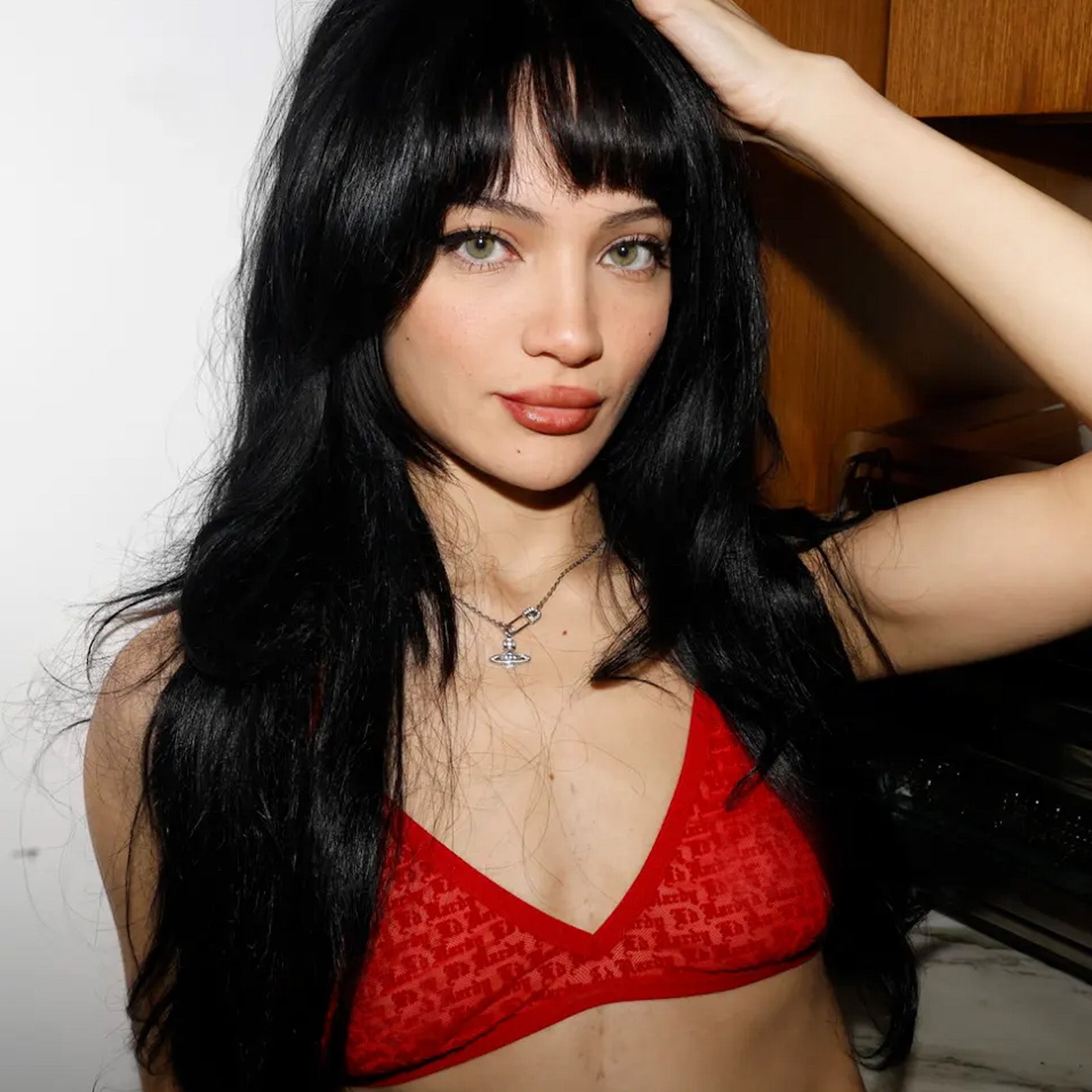 FLOCKED LOGO MESH CRISS CROSS BRALETTE - CHERRY
