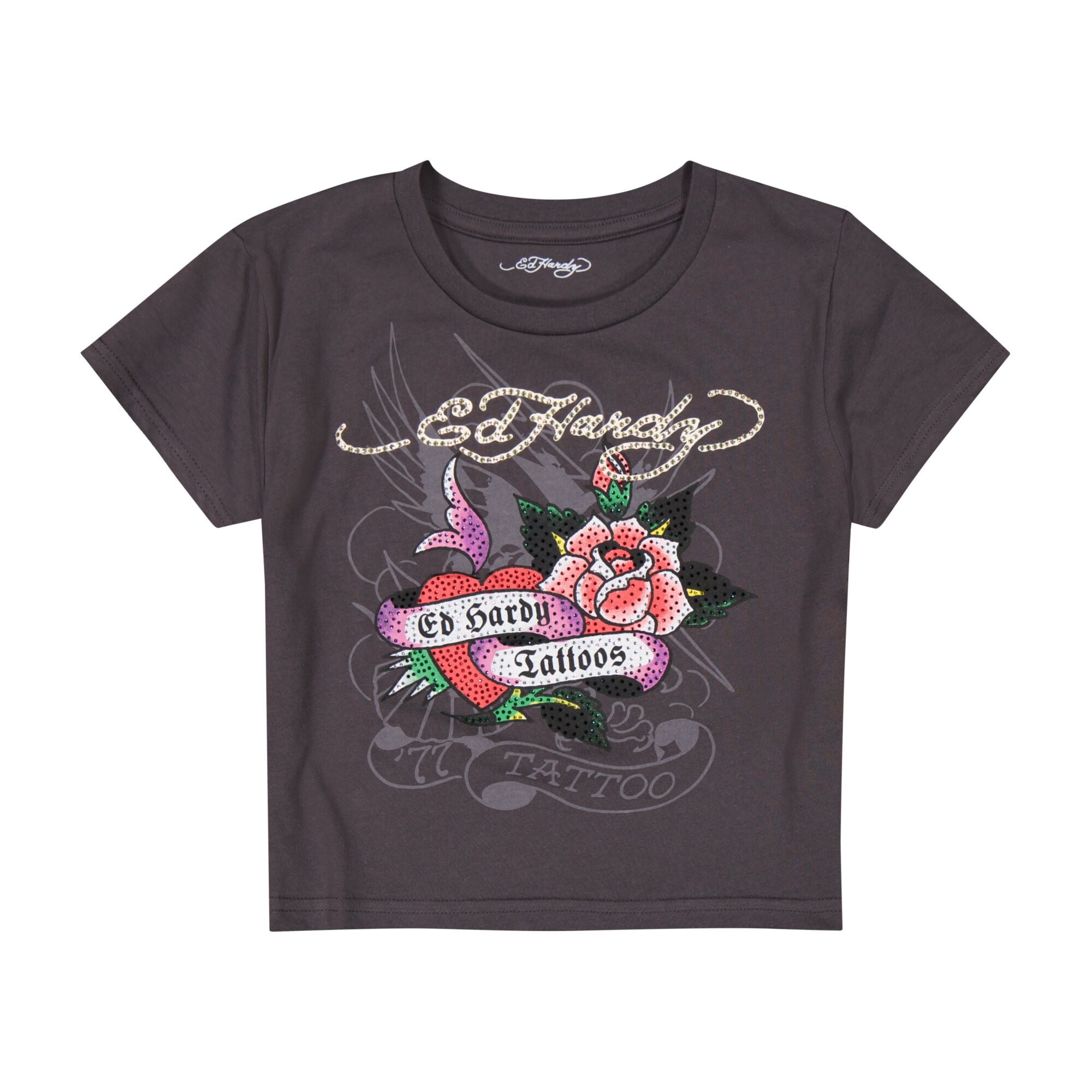 ROSE HEART BABY TEE - CHARCOAL