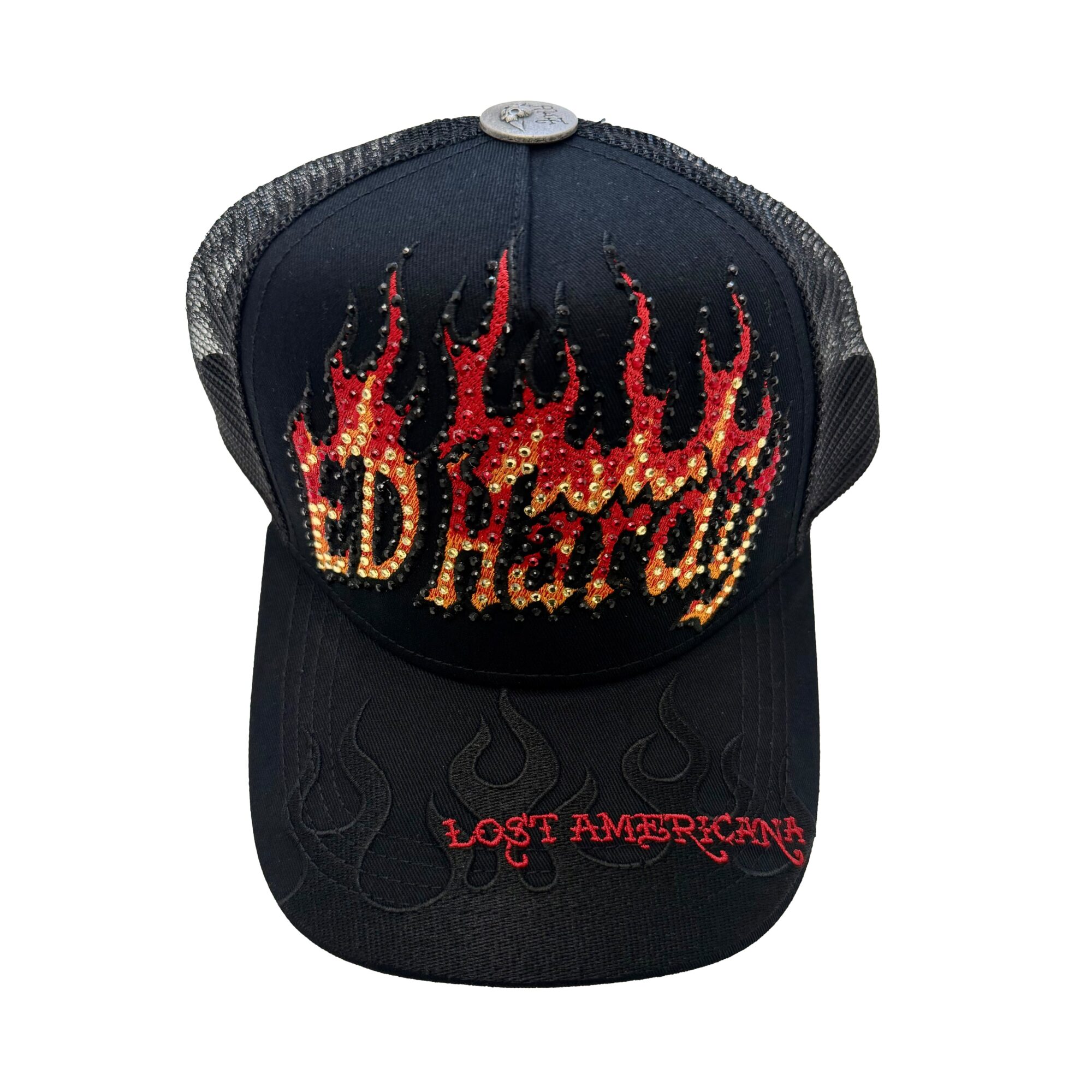 FLAME LOGO RHINESTONE TRUCKER HAT